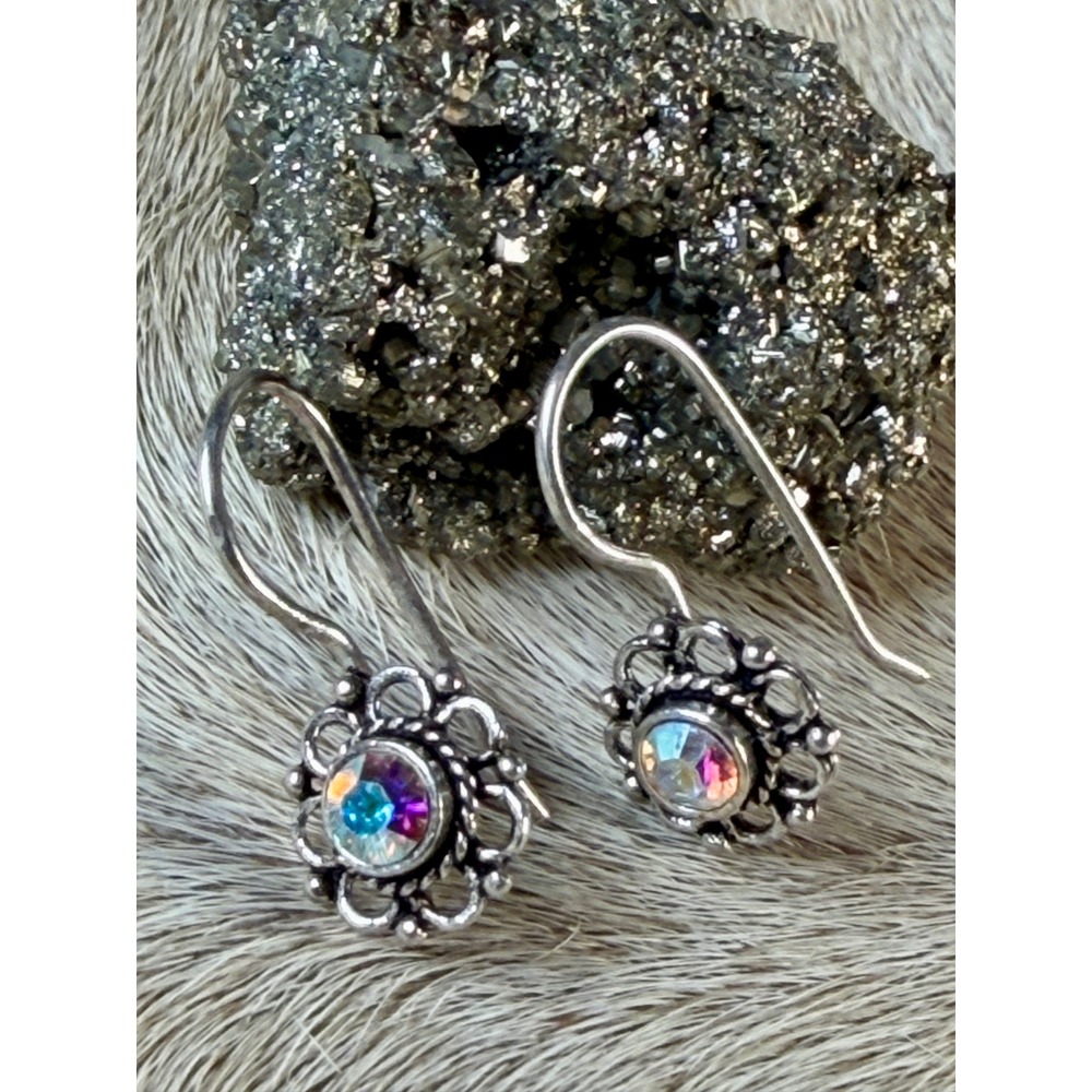 Sterling Silver Aurora Borealis Crystal Floral Filigree Drop Earrings 925